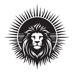 Sun rising behind a lion Silhouette Vector Illustration, Solid White Background.