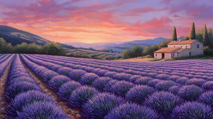 Picturesque Lavender Field at Sunset with Stone House in the Countryside Landscape