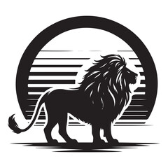 Sun rising behind a lion Silhouette Vector Illustration, Solid White Background.