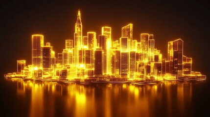 Fototapeta premium Golden Wireframe Cityscape Illuminates Night Sky
