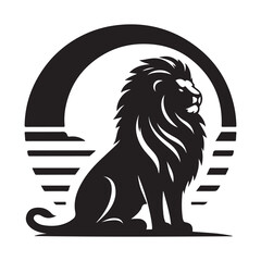 Sun rising behind a lion Silhouette Vector Illustration, Solid White Background.