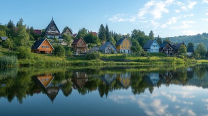Fototapeta premium Lakeside Village with Colorful Houses Reflected in Calm Water