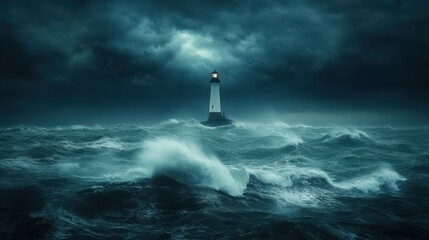 Lighthouse in Stormy Night Sea
