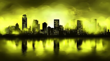 Fototapeta premium City Skyline Reflected in Yellow Water at Dusk