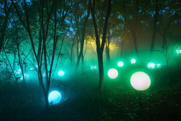 A glowing forest with bioluminescent orbs