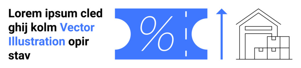 Percentage discount ticket, upward arrow, warehouse with packaged boxes. Ideal for retail sales, promotions, e-commerce, marketing, logistics inventory management business growth. Abstract line