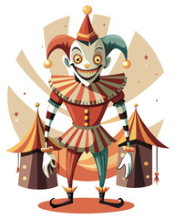 A terrifying harlequin, grotesquely smiling, with exaggerated features and vibrant, unsettling colors.  The oversized grin reveals sharp teeth.