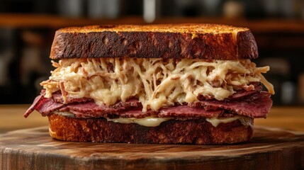 A Reuben Sandwich with corned beef, sauerkraut, and melted cheese