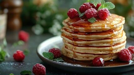 A stack of fluffy pancakes with fresh berries and syrup