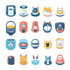 Colorful vector illustration of various cat and dog pet tech gadgets