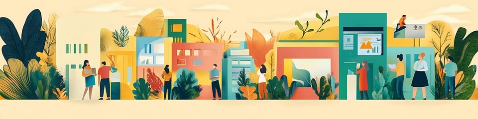 Colorful Community People Gather in Modern Buildings
