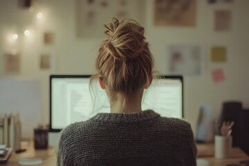 A backview of a Caucasian woman reading and responding to emails while connecting with clients.