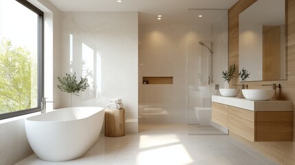 A modern, well-lit bathroom featuring a freestanding tub, wooden accents, sleek sink units, and large windows for natural light.