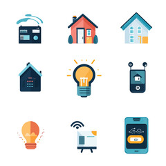 Smart home devices graphic design with houses, lightbulbs, and screens