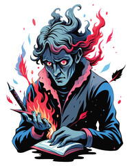 A gaunt, melancholic poet with ink-stained hands frantically scribbles a poem, illuminated by a single candle, reflecting his tormented soul.