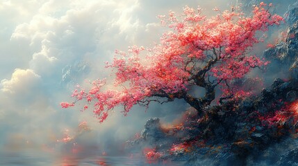 A beautiful pink flowering tree grows near a misty river