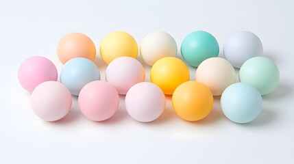and Minimalist Composition of a Collection of Pastel Colored Table Tennis Balls Arranged in a Geometric Pattern on a Clean Background