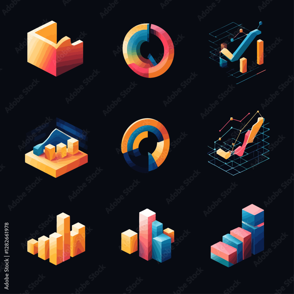 Poster isometric business data graphs and charts on dark background with color