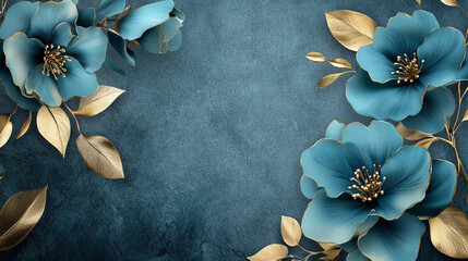 Elegant blue flowers and gold leaves