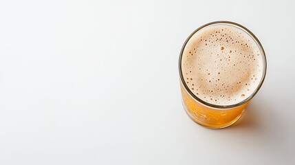 Overhead View Of Light Amber Beer In Glass On White Background
