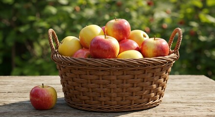 Basket of fresh apples on a wooden table with a blurred orchard background in a sunny setting
