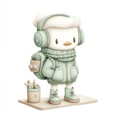 Naklejka premium Cute Duck Traveler Digital Art Pastel Headphones Backpack Boots Illustration
