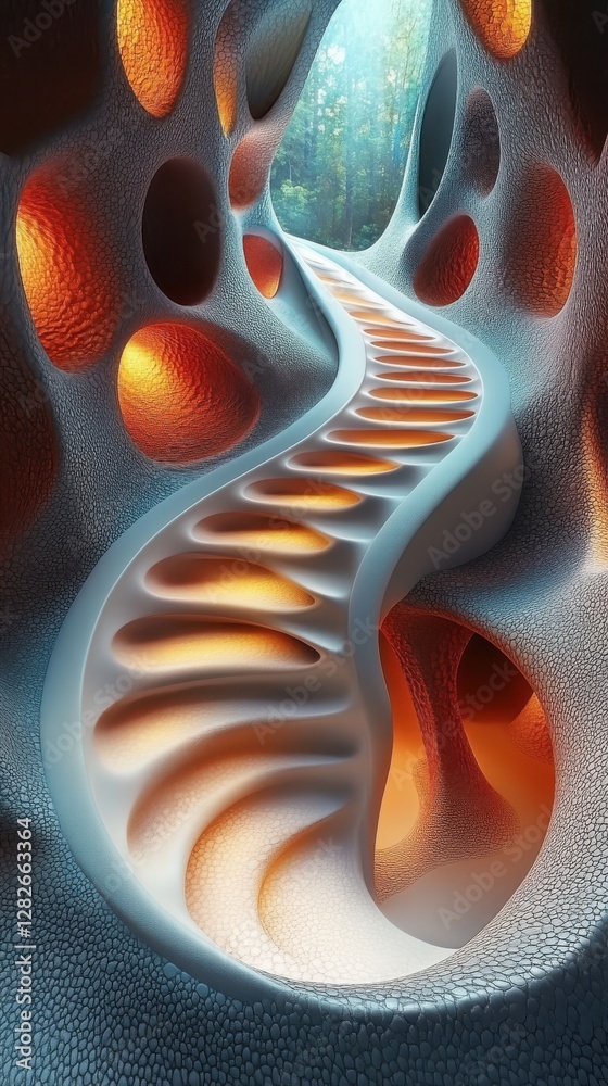 Fototapete abstract digital rendering of spiral staircase in glowing organic structure