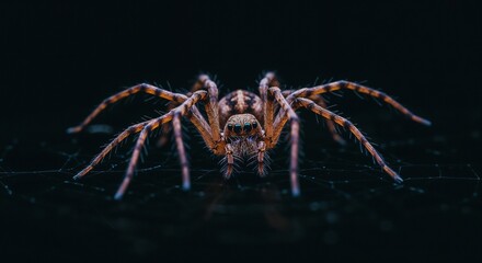 Close-up shot of a spider on its web with detailed eyes and legs against a dark background