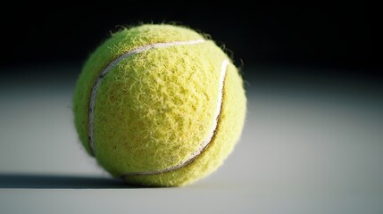 Macro shot of a used worn out yellow tennis ball with detailed fuzzy texture  The close up view showcases the intricate fabric like pattern and worn