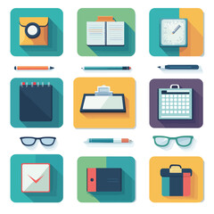 Flat Design Office Supplies Vector Graphic Illustration Elements Set