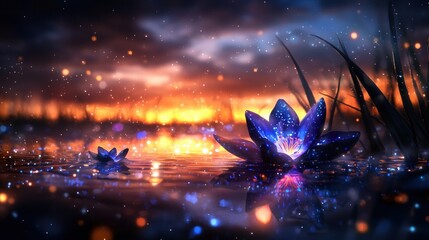 Obraz premium Enchanted Wetland at Twilight: A Mesmerizing Digital Painting of Luminous Lotus Flowers Under a Starry Sky with Reflective Water Surface and Vibrant Nature Elements