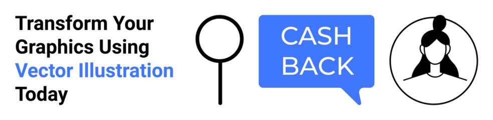 Magnifying glass, cashback chat bubble, and female avatar. Ideal for business, finance, digital marketing, customer loyalty, e-commerce creativity visual storytelling. Perfect flat landing page