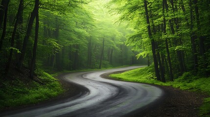 Obraz premium Serene Winding Road Through Lush Green Forest