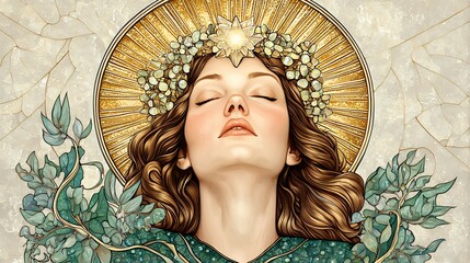 Serene Woman With Golden Halo And Floral Crown