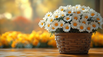 A Beautiful Bouquet of White Daisies in a Wicker Basket