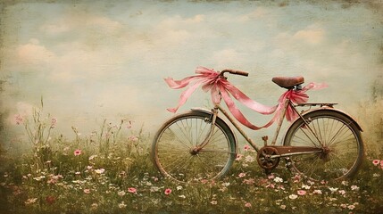 Fototapeta premium Vintage Bicycle with Pink Ribbons in a Floral Field with a Rustic Artistic Background
