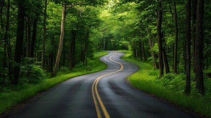 Serene Winding Road Through Lush Green Forest