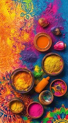 Holi Colorful Powder and Rangoli Flat Lay Illustration, Holi