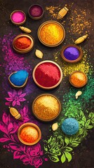 Holi Colorful Powder and Rangoli Flat Lay Illustration, Holi
