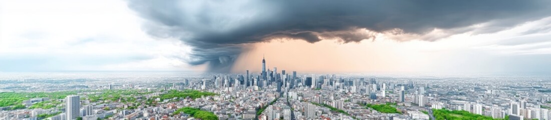 Obraz premium Dramatic Storm Clouds Over City Skyline at Dusk with City Lights