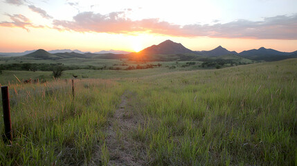Obraz premium Sunset over grassy hills, path leading to mountains