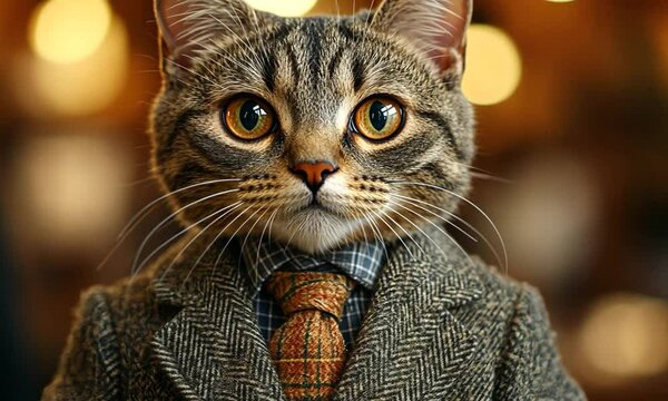 A dapper cat dressed in a suit and tie, posing confidently in a cozy caf? setting
