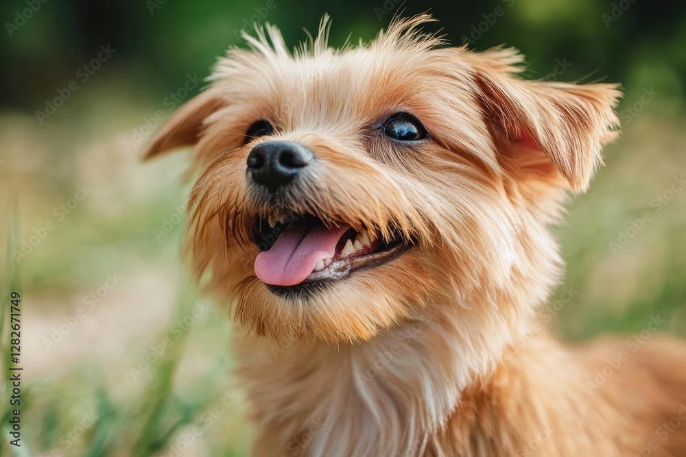 Poster happy small dog enjoying a sunny day outdoors with vibrant green background and playful expression o