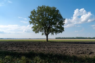 Obraz premium Between destruction and hope, a tree that divides the world in two, one surrounded by polluting plants and the other by unspoiled open fields