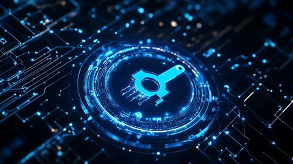 Obraz premium Futuristic digital hologram of a wrench icon with glowing blue particles representing 24/7 service and repair concept