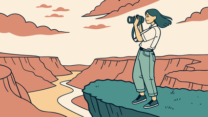Woman Photographing a Vast Canyon Landscape from a Cliff. Perfect for: World Photography Day, adventure tourism, hiking destinations