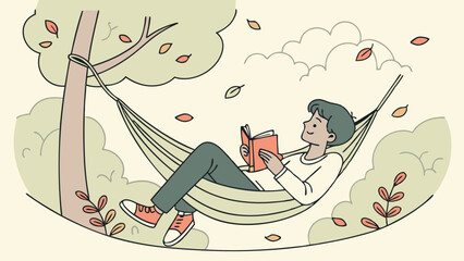 Young Man Reading on a Hammock in Nature. Perfect for: World Book Day, summer retreats, cozy relaxation