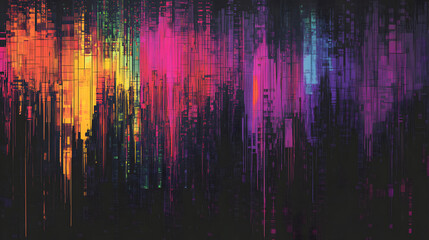 abstract background with colorful glitch patterns, error codes, and corrupted digital textures 