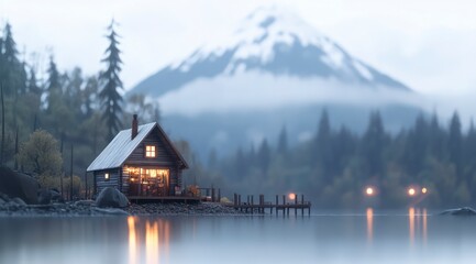 Naklejka premium Cozy Lakeside Cabin at Dusk Mountain View Night Lights Reflection