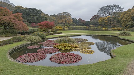 Serene Autumn Garden Pond with Red and Yellow Water Lilies